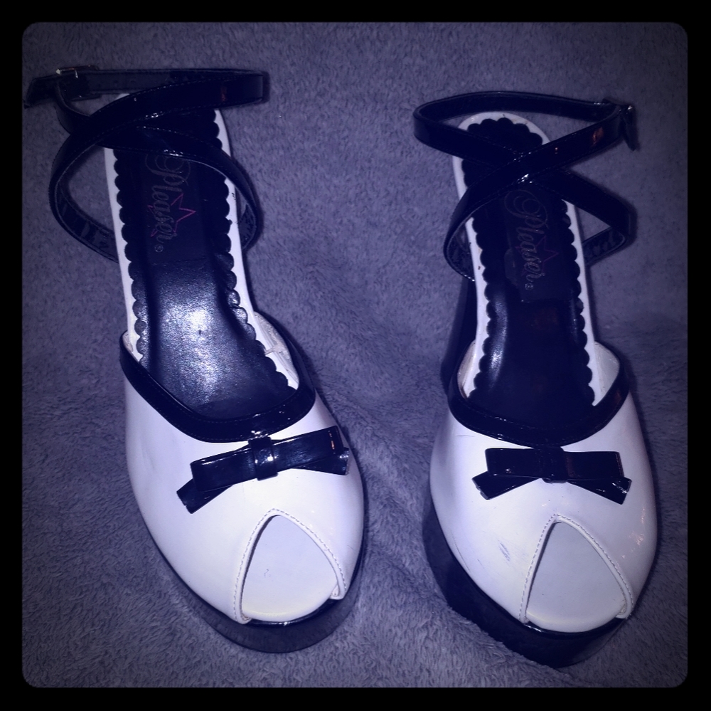 White and Black Peep Toe Platforms by Pleaser